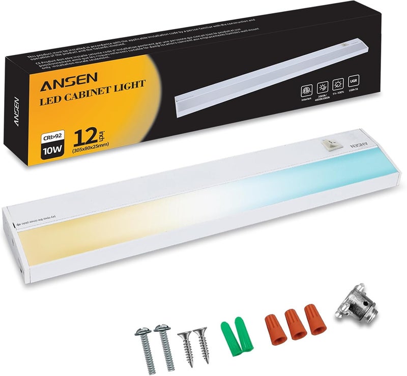 Ansen Hardwired Under Cabinet Lighting, 12in 10W LED Light for Kitchen/Closet, 666.7lm, CRI>92, R9>90, Dimmable, 3 Color Temperature, 3000K/4000K/5000K(Warm White, Cool White, Daylight) - Image 1